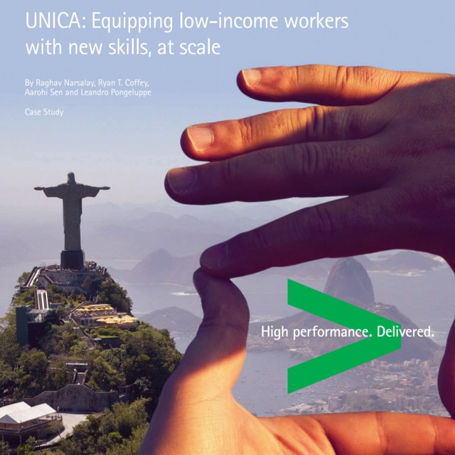 Cover of the Accenture case study on UNICA, showing hands framing the Christ the Redeemer statue in Rio de Janeiro