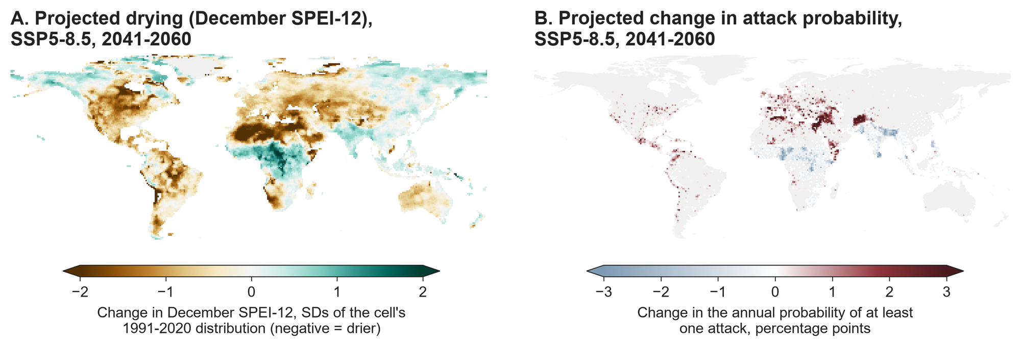 Two world maps side by side for SSP5-8.5, 2041 to 2060: (A) projected change in December SPEI-12, in standard deviations of each cell's 1991-2020 distribution, brown for drier and green for wetter; (B) projected change in the annual probability of at least one terrorist attack, in percentage points, red for higher and blue for lower