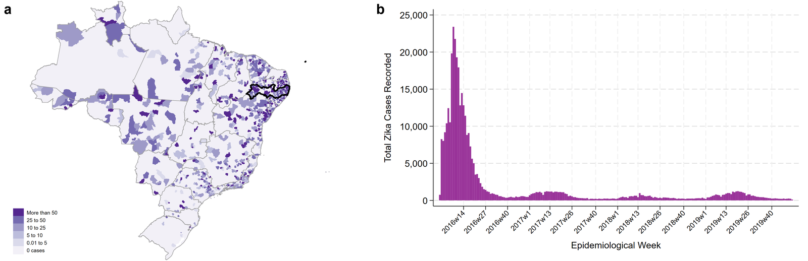 Two panels: (a) map of Brazilian municipalities shaded by the microcephaly rate per 10,000 live births in 2016, with Pernambuco outlined; (b) bar chart of recorded Zika cases by epidemiological week, 2016 to 2019